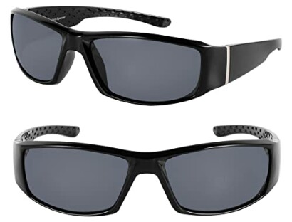 Two pairs of black sunglasses with dark lenses.