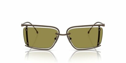 Front view of rectangular brown sunglasses with green lenses.