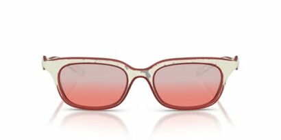 Vintage-style sunglasses with red lenses and distressed white frame.